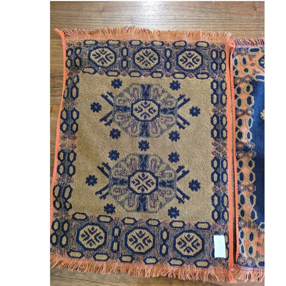 VTG MCM Fringed Jacquard Geometric Orange Avocado 70s Cotton Terry Hand Towels
